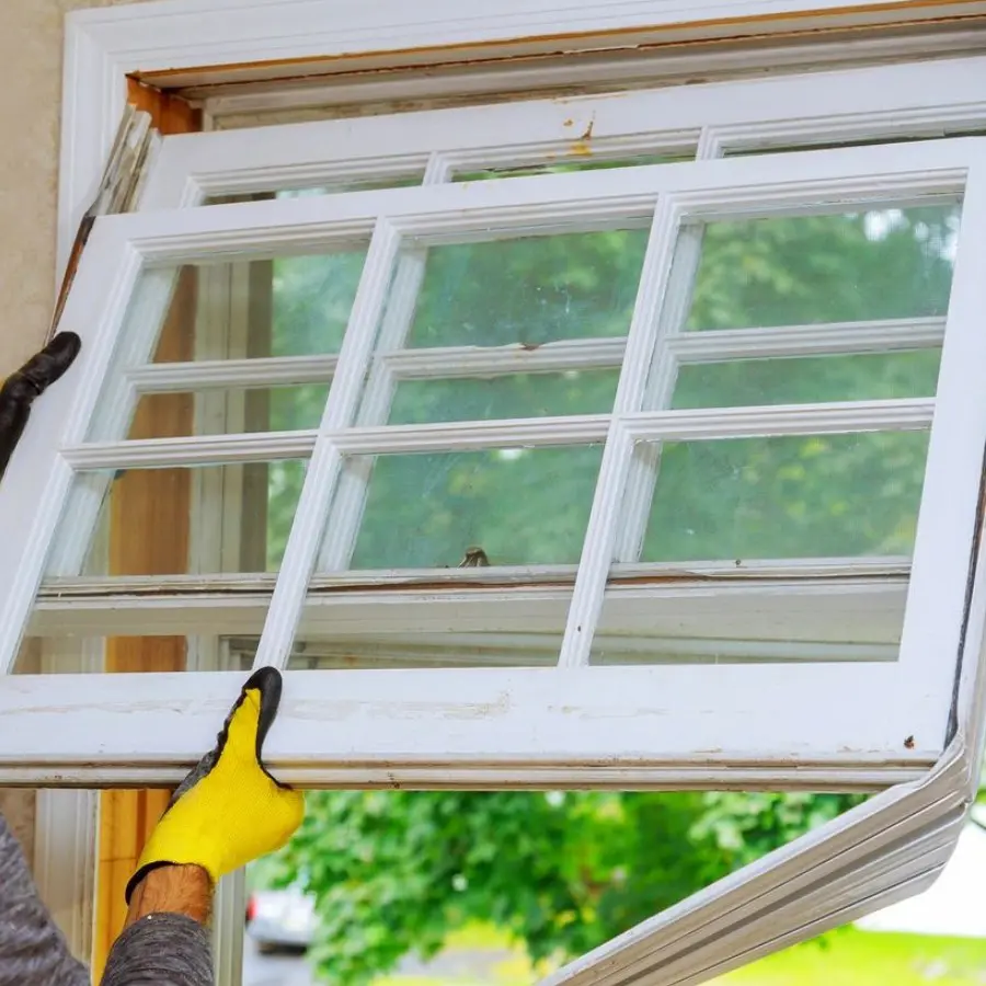 A person holding up an open window with a pair of scissors.